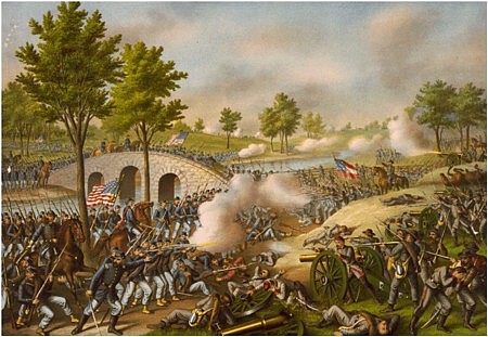 The Battle of Antietam, by Kurz & Allison, depicting the scene of action at Burnside's Bridge.
